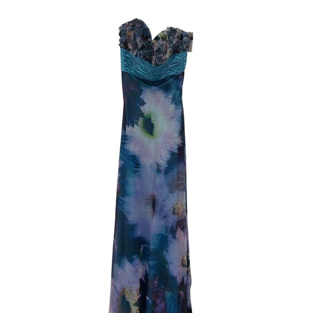 Blush Prom Alexia Women Maxi Dress Size 6 Blue Floral Strapless Evening Gown EUC